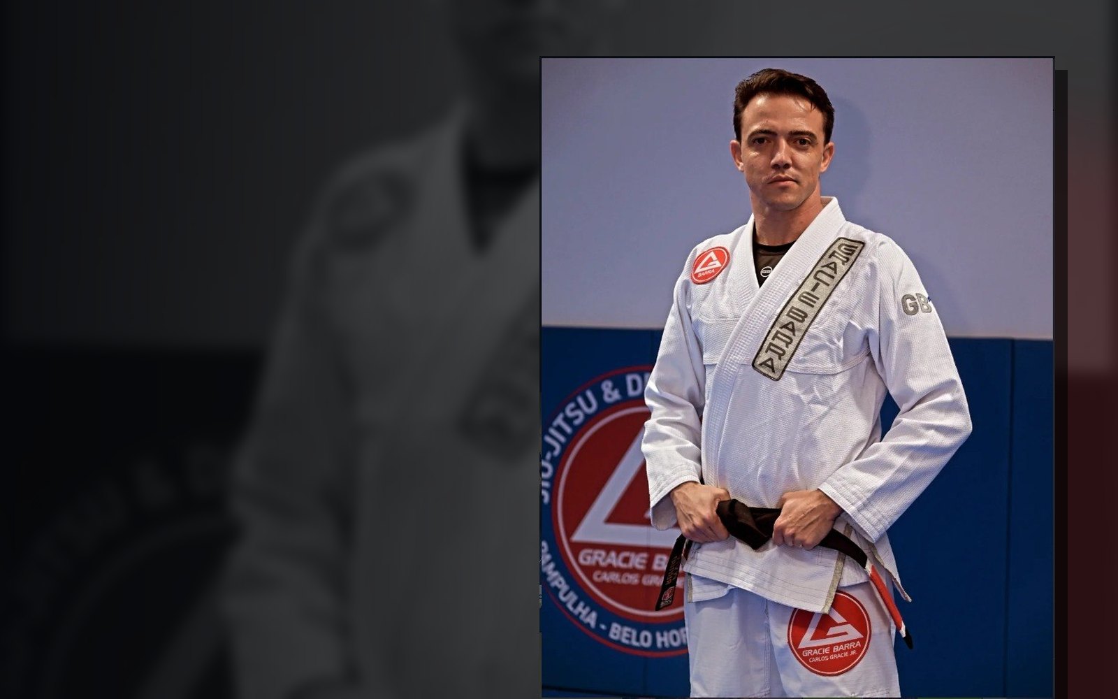 Professor Bruno Maia em destaque usando kimono de jiu-jitsu e faixa preta